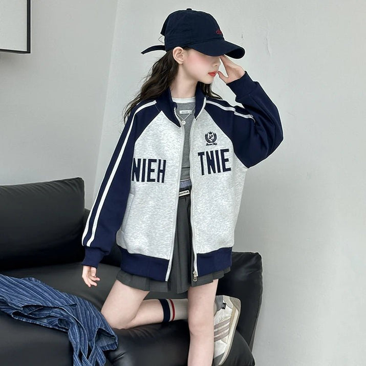 Girls Spring Autumn Baseball Zipper Coat Children Letter Printed Color Blocked Sports Top Jacket Kids Baseball Uniform Clothes - Avero