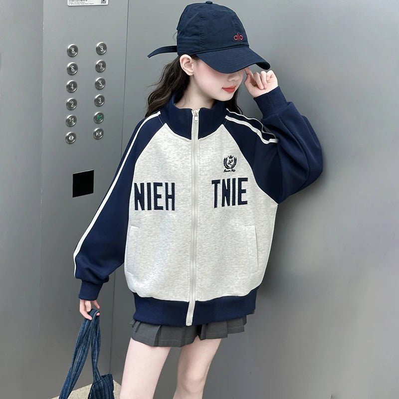 Girls Spring Autumn Baseball Zipper Coat Children Letter Printed Color Blocked Sports Top Jacket Kids Baseball Uniform Clothes - Avero