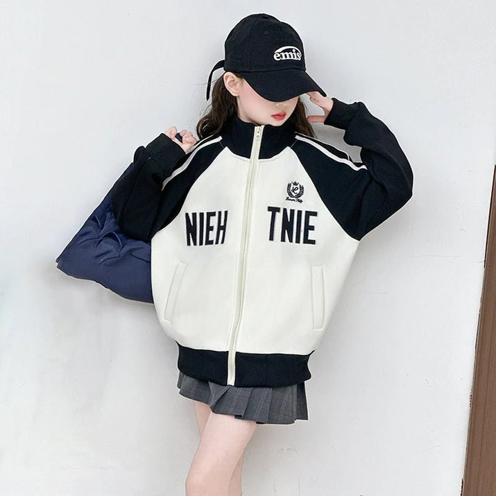 Girls Spring Autumn Baseball Zipper Coat Children Letter Printed Color Blocked Sports Top Jacket Kids Baseball Uniform Clothes - Avero