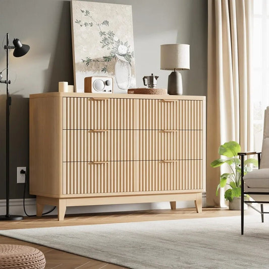 HAIOOU Fluted 6 Drawer Dresser with Power Outlet, 47.2” Wide Modern Chest of Drawers, Curved Profile Design Wooden Dresser for B - Avero