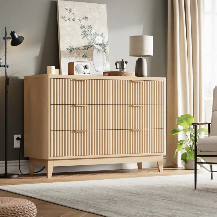 HAIOOU Fluted 6 Drawer Dresser with Power Outlet, 47.2” Wide Modern Chest of Drawers, Curved Profile Design Wooden Dresser for B - Avero