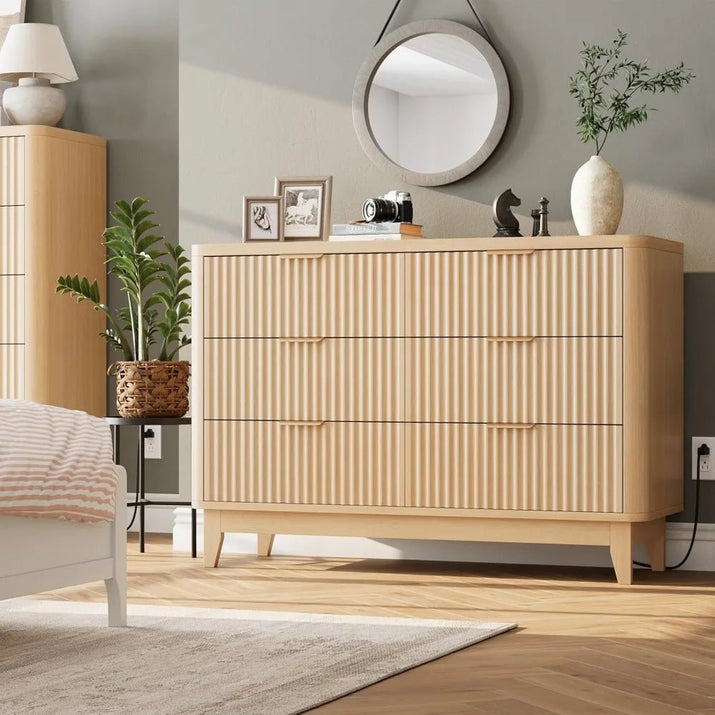 HAIOOU Fluted 6 Drawer Dresser with Power Outlet, 47.2” Wide Modern Chest of Drawers, Curved Profile Design Wooden Dresser for B - Avero