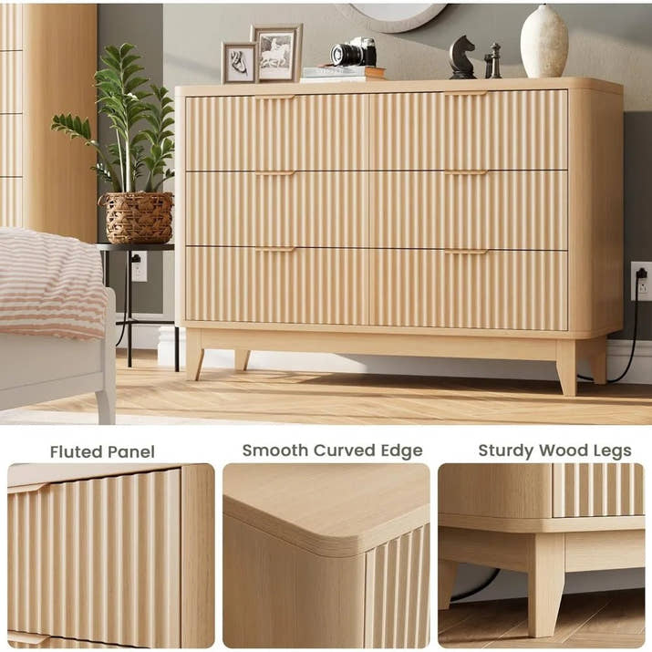 HAIOOU Fluted 6 Drawer Dresser with Power Outlet, 47.2” Wide Modern Chest of Drawers, Curved Profile Design Wooden Dresser for B - Avero