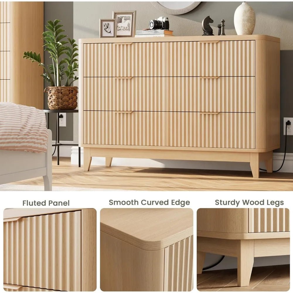 HAIOOU Fluted 6 Drawer Dresser with Power Outlet, 47.2” Wide Modern Chest of Drawers, Curved Profile Design Wooden Dresser for B - Avero