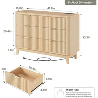 HAIOOU Fluted 6 Drawer Dresser with Power Outlet, 47.2” Wide Modern Chest of Drawers, Curved Profile Design Wooden Dresser for B - Avero