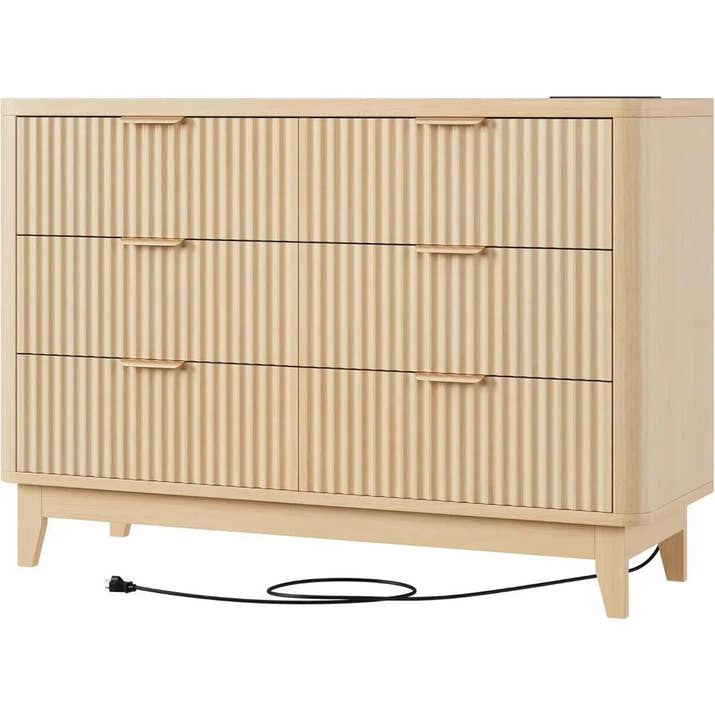 HAIOOU Fluted 6 Drawer Dresser with Power Outlet, 47.2” Wide Modern Chest of Drawers, Curved Profile Design Wooden Dresser for B - Avero