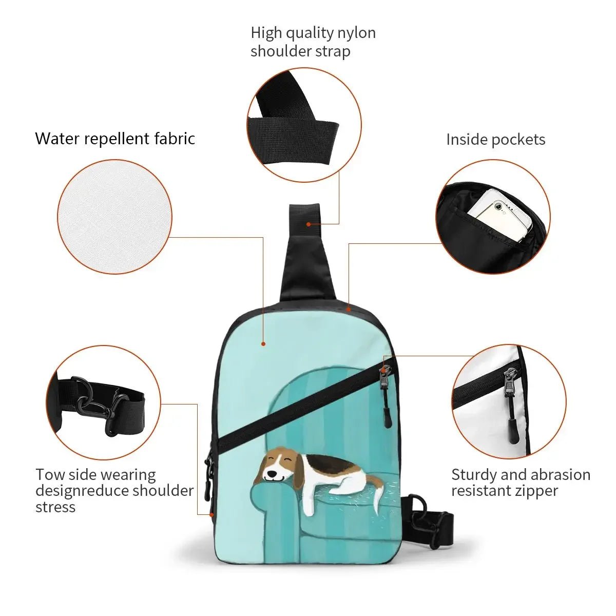 Happy Couch Dog Cute Beagle Chest Bag Men Sling Crossbody Backpack Chest Bag Travel Hiking Daypack Shoulder Bag - Avero