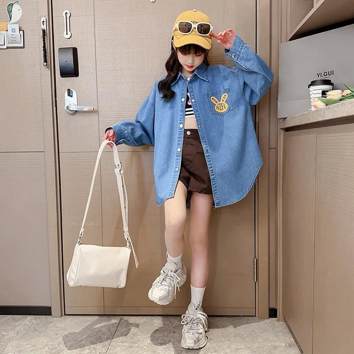 High Fashion Cowgirl Denim Blouses with Rabbit Print for Teenage Girl Loose Casual Long Sleeve Denim Shirt Blouse for Kids Child - Avero