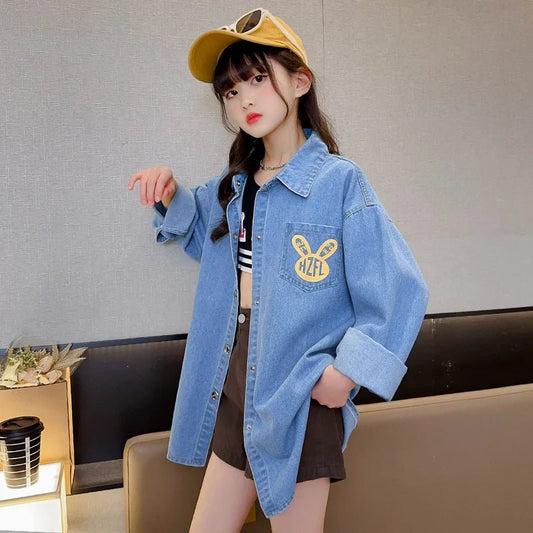 High Fashion Cowgirl Denim Blouses with Rabbit Print for Teenage Girl Loose Casual Long Sleeve Denim Shirt Blouse for Kids Child - Avero