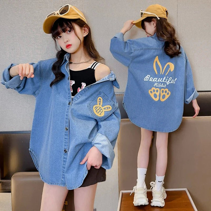 High Fashion Cowgirl Denim Blouses with Rabbit Print for Teenage Girl Loose Casual Long Sleeve Denim Shirt Blouse for Kids Child - Avero