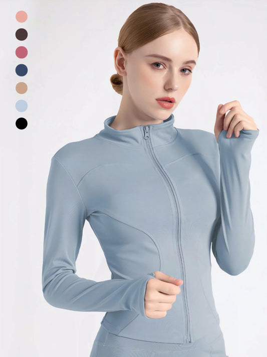 High Quality Waist Slimming Training Tops Women's Tight Stand Collar Full Zipper long Sleeves Fitness Running Yoga shirts - Avero