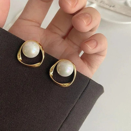 Imitation Pearl Earring for Women Gold Color Round Stud Earrings Korean Delicate Irregular Design Unusual Fashion Jewelry - Avero