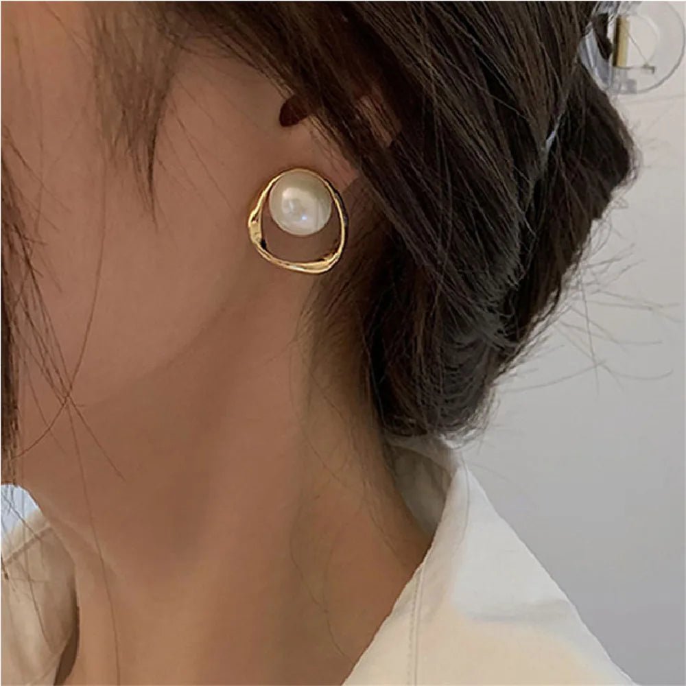 Imitation Pearl Earring for Women Gold Color Round Stud Earrings Korean Delicate Irregular Design Unusual Fashion Jewelry - Avero