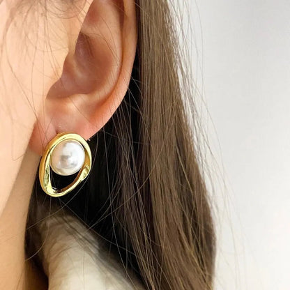 Imitation Pearl Earring for Women Gold Color Round Stud Earrings Korean Delicate Irregular Design Unusual Fashion Jewelry - Avero