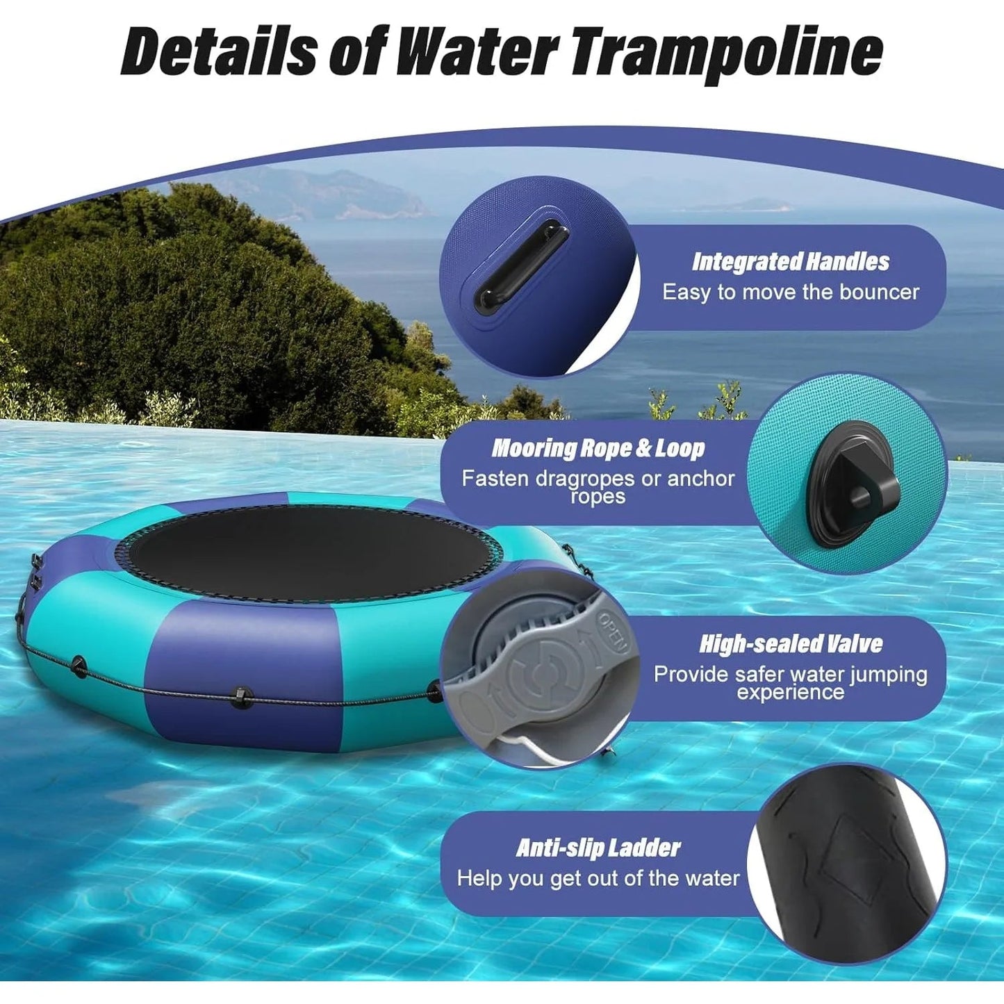 Inflatable Water Trampoline for Lake, Recreational Floating Water Bouncer with 500W Electric Inflator & Rope Ladder - Avero