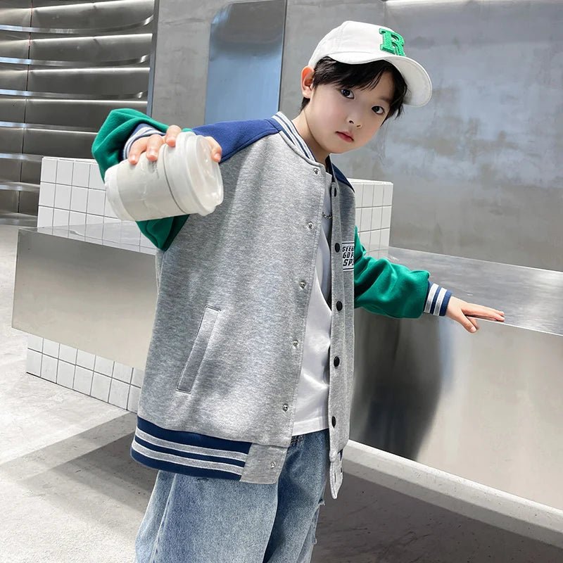 Kids Boys Autumn Sports Clothing Baseball Jacket Trendy 2025 New Children's Outerwear Crew Neck Sporty Coat 5 7 9 11 13 14 Years - Avero