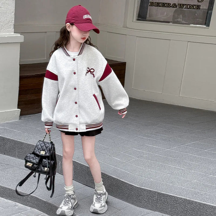 Kids Casual Spring Autumn Clothing Baseball Jacket with Bows for Girls Sports Baseball Shirt Coat Child Sporty Outerwear Tops - Avero