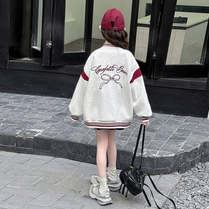 Kids Casual Spring Autumn Clothing Baseball Jacket with Bows for Girls Sports Baseball Shirt Coat Child Sporty Outerwear Tops - Avero