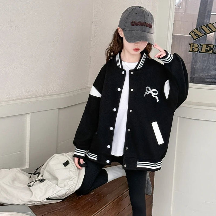 Kids Casual Spring Autumn Clothing Baseball Jacket with Bows for Girls Sports Baseball Shirt Coat Child Sporty Outerwear Tops - Avero