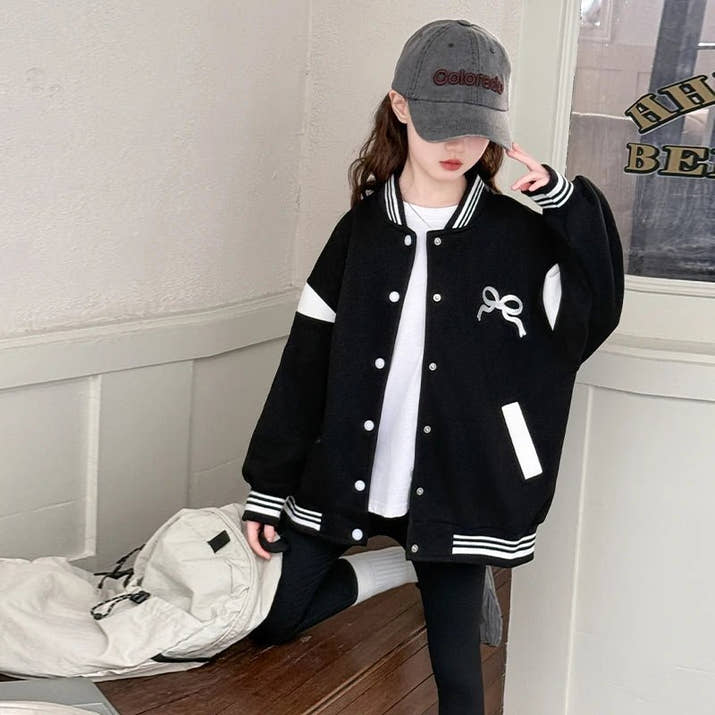 Kids Casual Spring Autumn Clothing Baseball Jacket with Bows for Girls Sports Baseball Shirt Coat Child Sporty Outerwear Tops - Avero