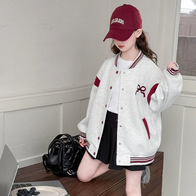 Kids Casual Spring Autumn Clothing Baseball Jacket with Bows for Girls Sports Baseball Shirt Coat Child Sporty Outerwear Tops - Avero