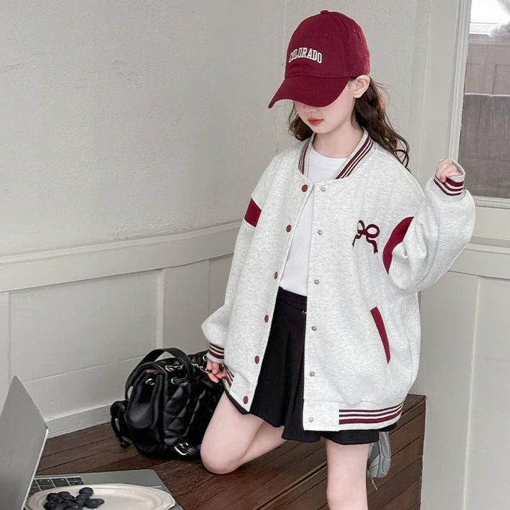 Kids Casual Spring Autumn Clothing Baseball Jacket with Bows for Girls Sports Baseball Shirt Coat Child Sporty Outerwear Tops - Avero