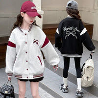 Kids Casual Spring Autumn Clothing Baseball Jacket with Bows for Girls Sports Baseball Shirt Coat Child Sporty Outerwear Tops - Avero