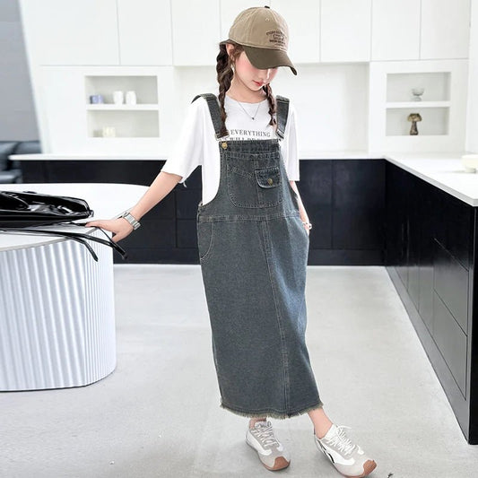 Kids Child Long Summer Denim Pinafore Dress for Girls Fashion Casual Strap Dress Korean Teenager Vintage Denim Overalls 5 - 14 Y - Avero