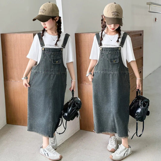 Kids Child Long Summer Denim Pinafore Dress for Girls Fashion Casual Strap Dress Korean Teenager Vintage Denim Overalls 5 - 14 Y - Avero
