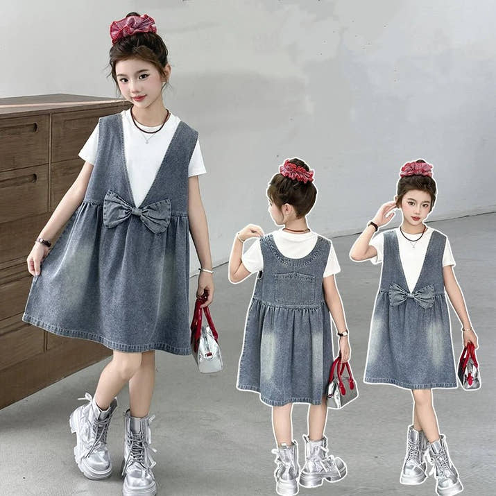 Kids Fashion Reversible Clothes Loose Fit Sleeveless Denim Vest Dress with Bow for Teens Girl Street Outfit Child Jeans Dress - Avero