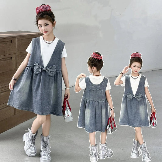 Kids Fashion Reversible Clothes Loose Fit Sleeveless Denim Vest Dress with Bow for Teens Girl Street Outfit Child Jeans Dress - Avero