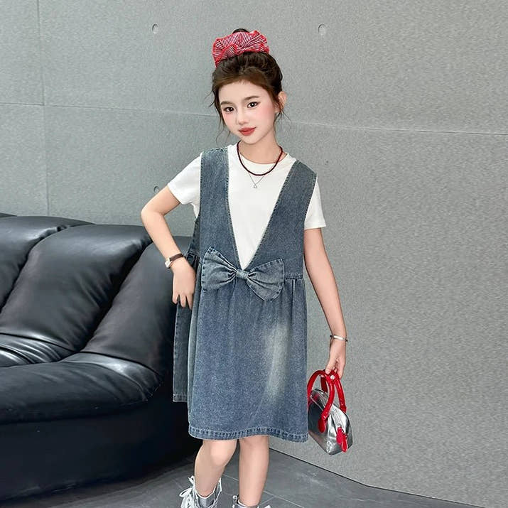 Kids Fashion Reversible Clothes Loose Fit Sleeveless Denim Vest Dress with Bow for Teens Girl Street Outfit Child Jeans Dress - Avero