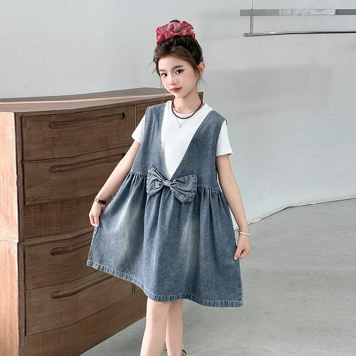Kids Fashion Reversible Clothes Loose Fit Sleeveless Denim Vest Dress with Bow for Teens Girl Street Outfit Child Jeans Dress - Avero