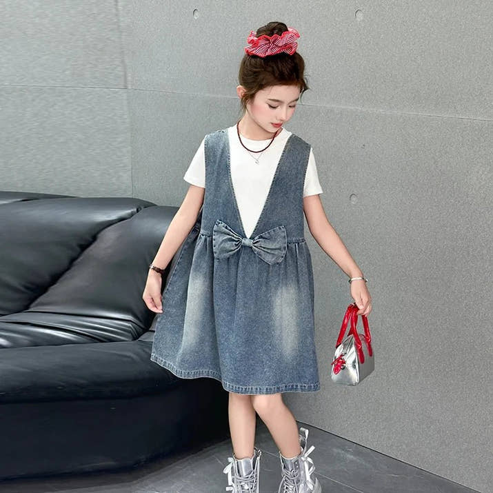 Kids Fashion Reversible Clothes Loose Fit Sleeveless Denim Vest Dress with Bow for Teens Girl Street Outfit Child Jeans Dress - Avero