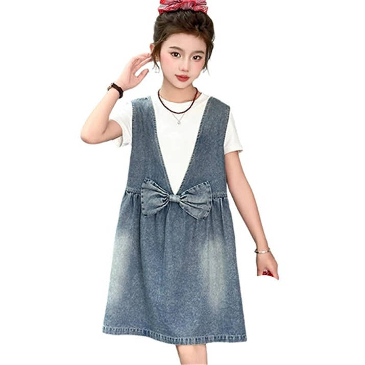 Kids Fashion Reversible Clothes Loose Fit Sleeveless Denim Vest Dress with Bow for Teens Girl Street Outfit Child Jeans Dress - Avero