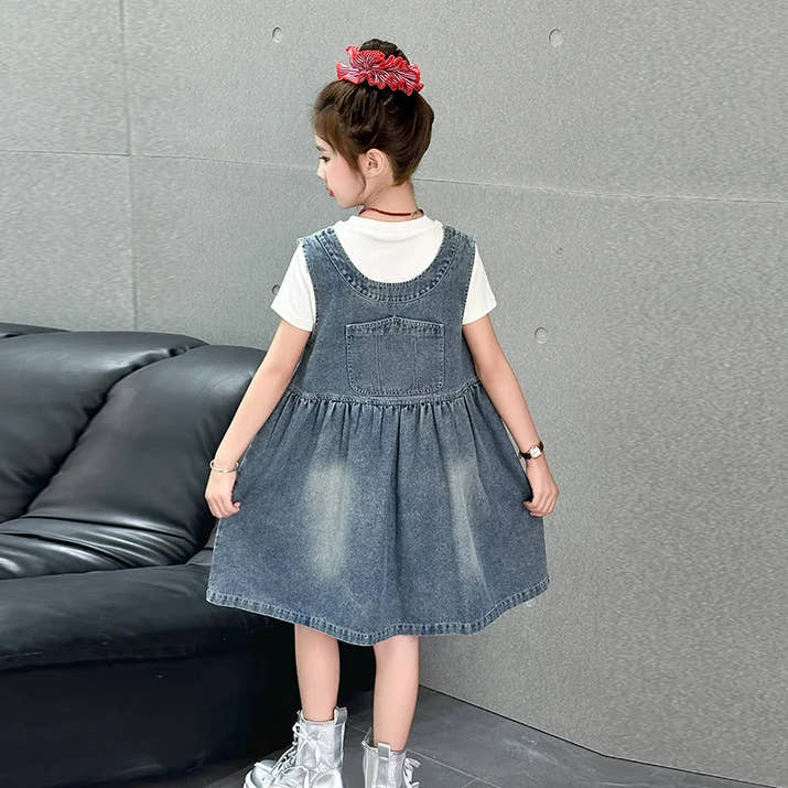 Kids Fashion Reversible Clothes Loose Fit Sleeveless Denim Vest Dress with Bow for Teens Girl Street Outfit Child Jeans Dress - Avero