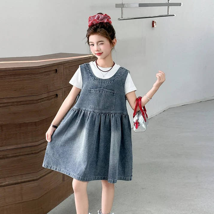 Kids Fashion Reversible Clothes Loose Fit Sleeveless Denim Vest Dress with Bow for Teens Girl Street Outfit Child Jeans Dress - Avero