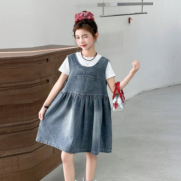 Kids Fashion Reversible Clothes Loose Fit Sleeveless Denim Vest Dress with Bow for Teens Girl Street Outfit Child Jeans Dress - Avero