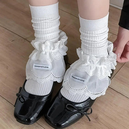 Korean Fashion White Lace Lolita Shoes Cover socks Women's Ins Home Warm Footwear Ballet Style over Shoes Socks - Avero