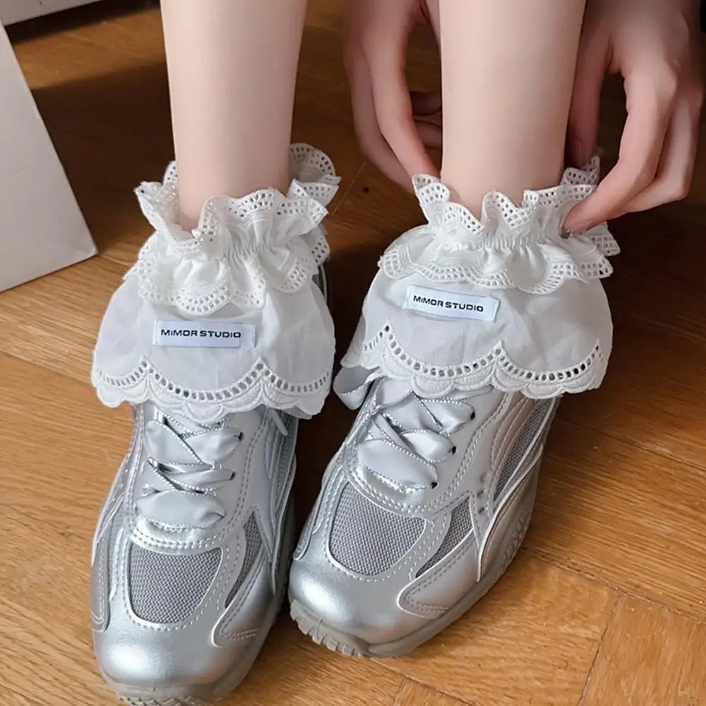 Korean Fashion White Lace Lolita Shoes Cover socks Women's Ins Home Warm Footwear Ballet Style over Shoes Socks - Avero