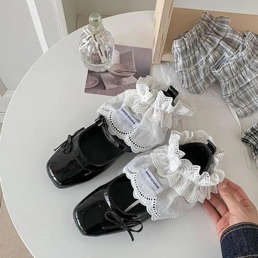 Korean Fashion White Lace Lolita Shoes Cover socks Women's Ins Home Warm Footwear Ballet Style over Shoes Socks - Avero