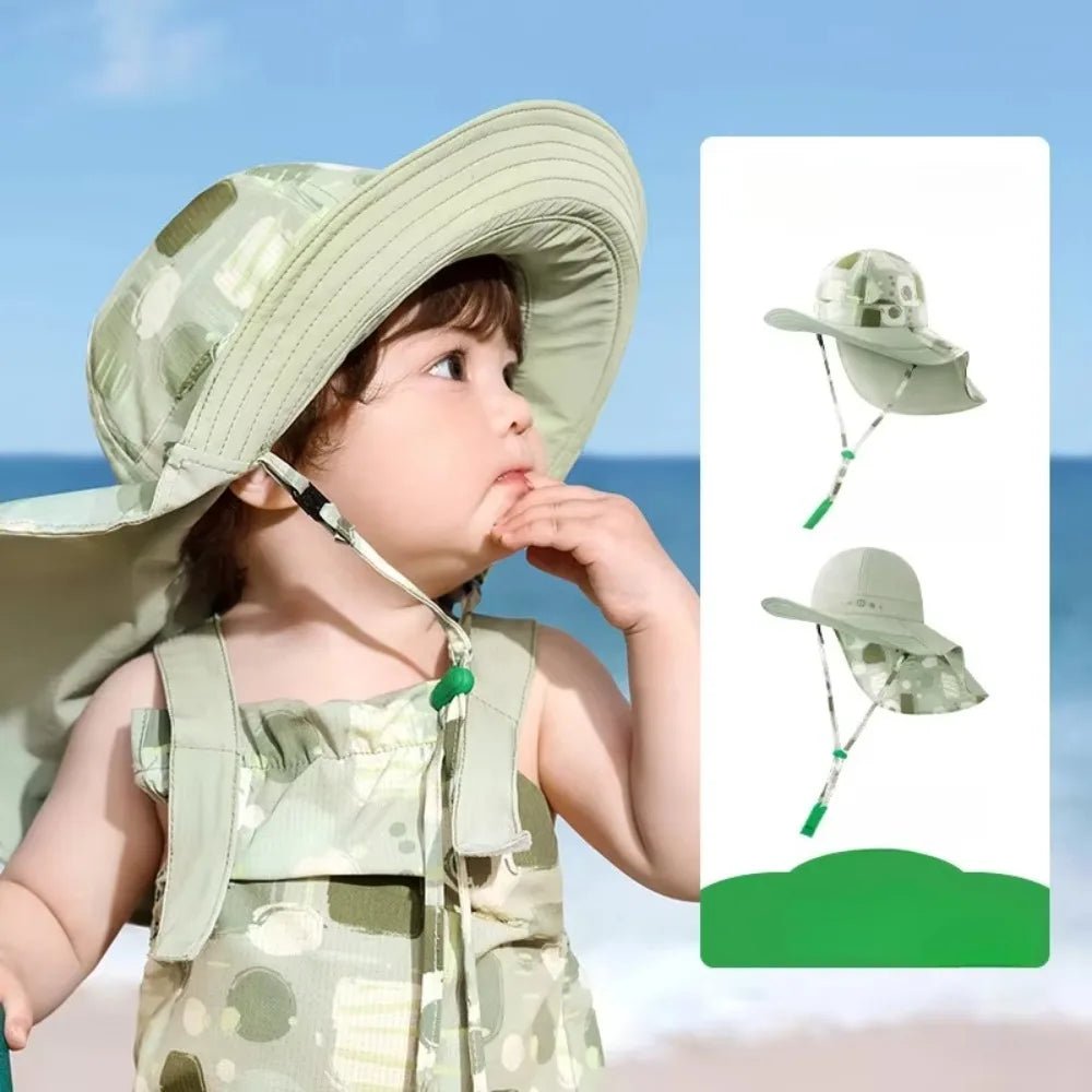 Korean Style Double Sided Kid Sunhat Shawl Attachment Large Brim Sand Beach Sun Hat UPF 50+ Anti - UV Children's Fisherman Hat - Avero