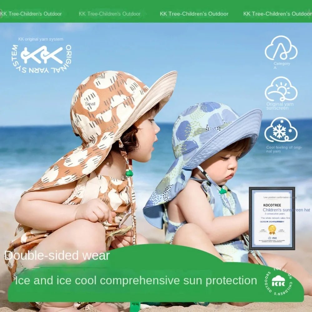 Korean Style Double Sided Kid Sunhat Shawl Attachment Large Brim Sand Beach Sun Hat UPF 50+ Anti - UV Children's Fisherman Hat - Avero