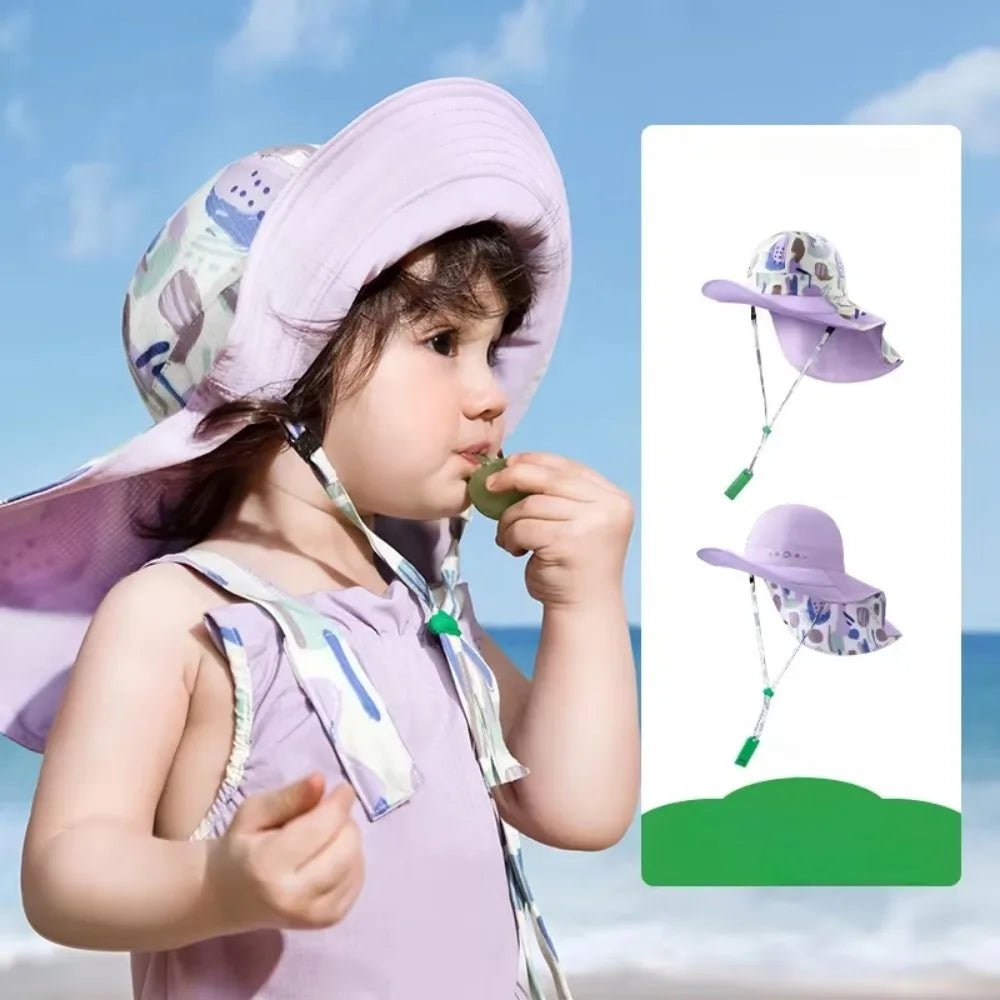 Korean Style Double Sided Kid Sunhat Shawl Attachment Large Brim Sand Beach Sun Hat UPF 50+ Anti - UV Children's Fisherman Hat - Avero