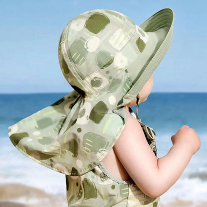 Korean Style Double Sided Kid Sunhat Shawl Attachment Large Brim Sand Beach Sun Hat UPF 50+ Anti - UV Children's Fisherman Hat - Avero