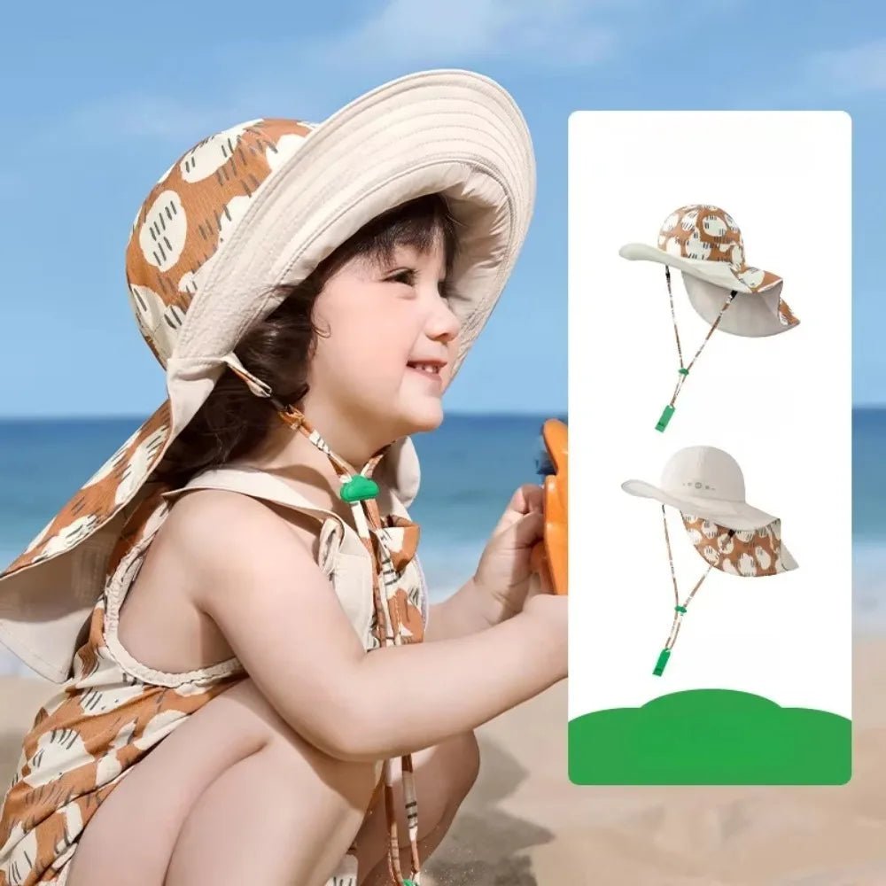 Korean Style Double Sided Kid Sunhat Shawl Attachment Large Brim Sand Beach Sun Hat UPF 50+ Anti - UV Children's Fisherman Hat - Avero