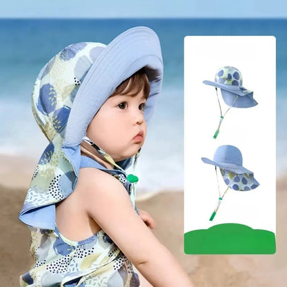 Korean Style Double Sided Kid Sunhat Shawl Attachment Large Brim Sand Beach Sun Hat UPF 50+ Anti - UV Children's Fisherman Hat - Avero