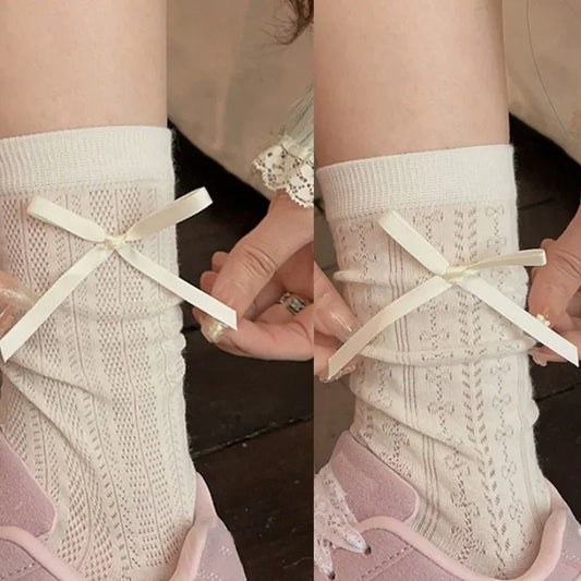 Lolita Thin Tube Bow Socks Side Ribbon Bow Stocking Spring Summer Hollow Cream Kawaii Stockings Cute Trendy Footwear Accessories - Avero