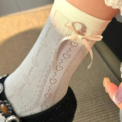 Lolita Thin Tube Bow Socks Side Ribbon Bow Stocking Spring Summer Hollow Cream Kawaii Stockings Cute Trendy Footwear Accessories - Avero