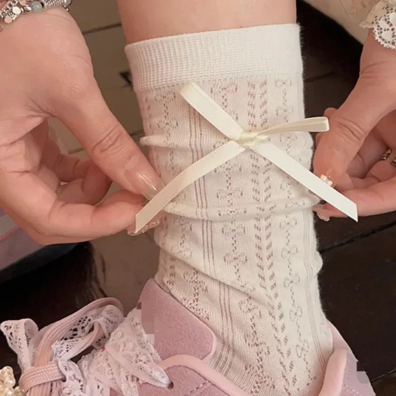 Lolita Thin Tube Bow Socks Side Ribbon Bow Stocking Spring Summer Hollow Cream Kawaii Stockings Cute Trendy Footwear Accessories - Avero